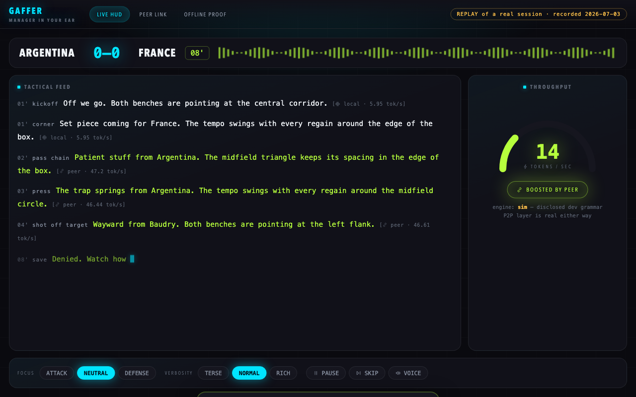 Gaffer live commentary HUD — streaming tactical feed with tokens/sec gauge and BOOSTED BY PEER badge